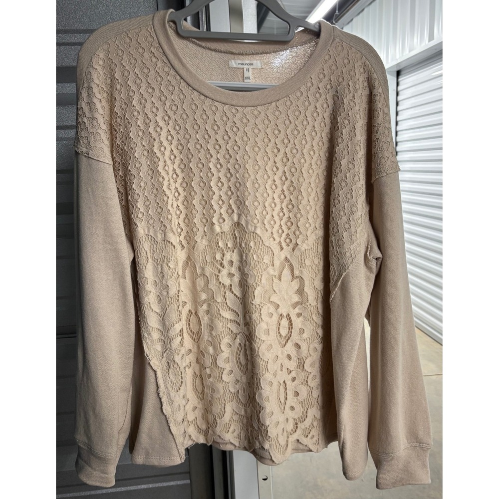 Maurices Tan Floral Lace Front French Terry Sweatshirt XXL Womens Boho Top